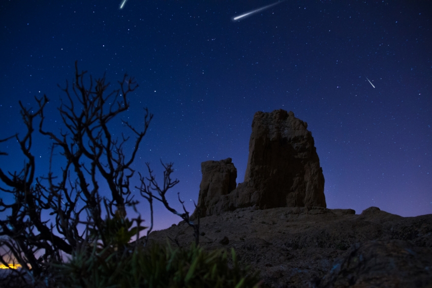 Perseid meteor shower over Roque Nublo in Gran Canaria