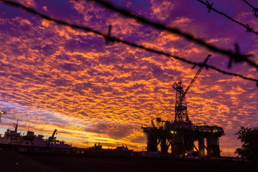 Oil platform in Las Palmas harbour at sunrise